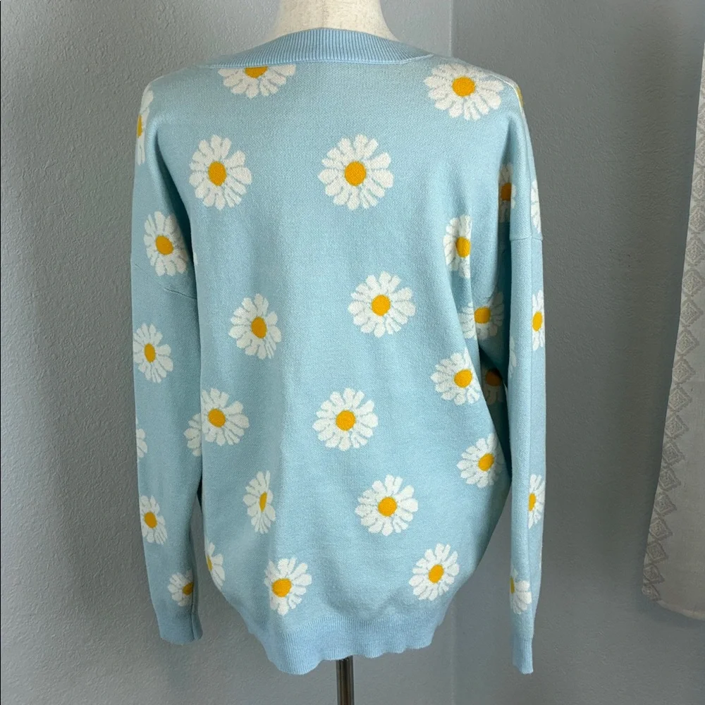 Daisy Floral Blue Women's Sweater Cardigan Size XL - Picture 2 of 8
